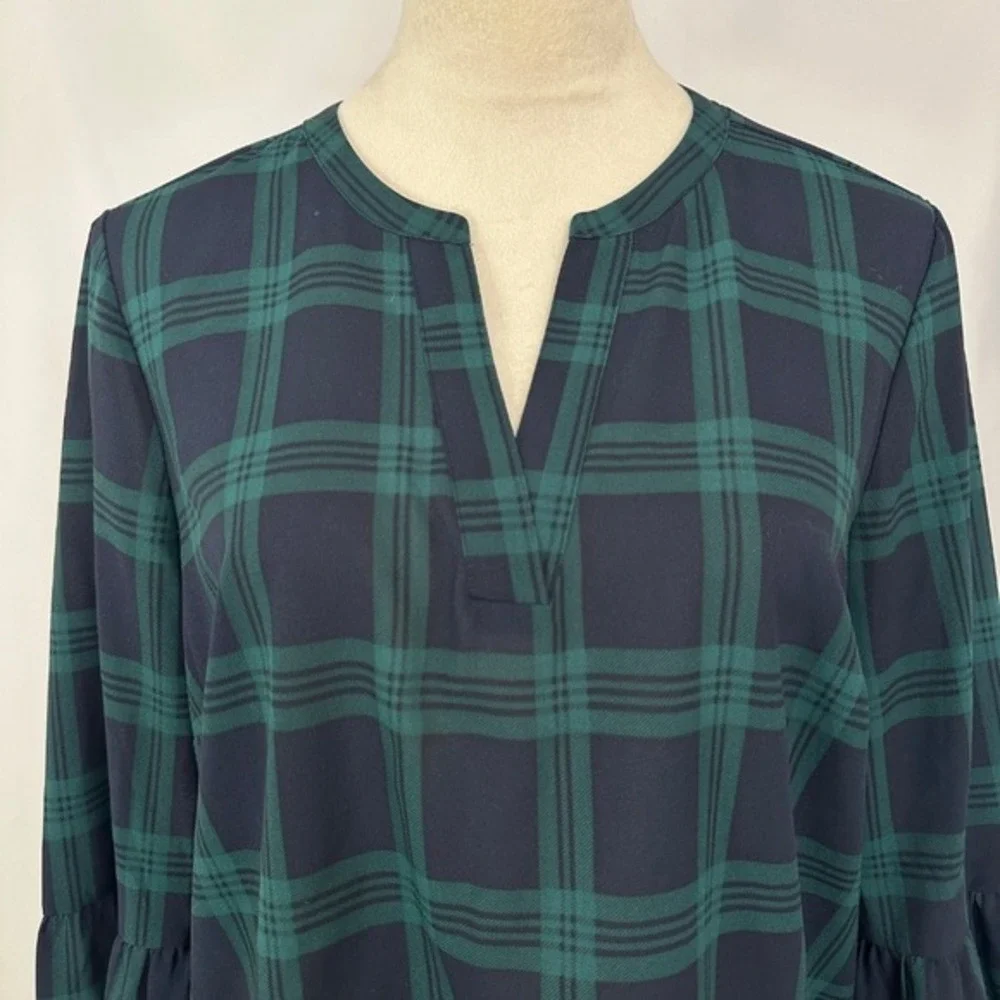 J.Crew Plaid Blouse Bell Sleeve Top V-Neck Career Casual Green Blue Women Medium